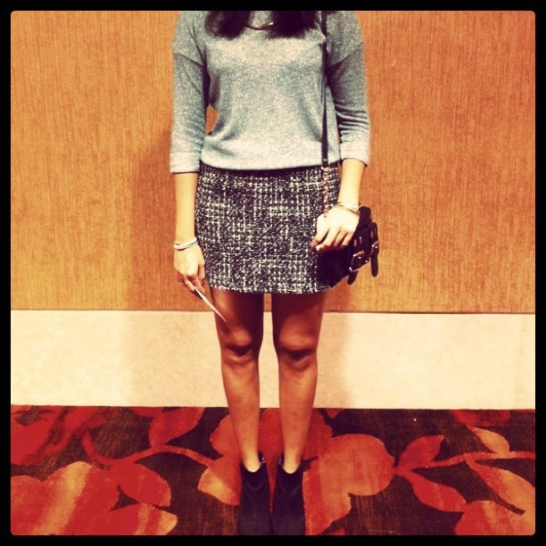Maisha and her tweed skirt + knit, both from F21.